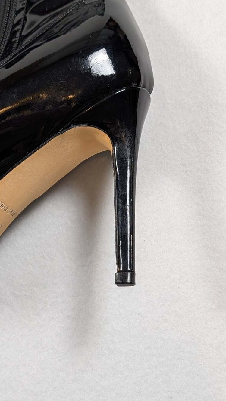 Black Patent Leatherette Over-The-Knee Pointy Toe Stiletto High Heel Boots - Picture 7 of 12